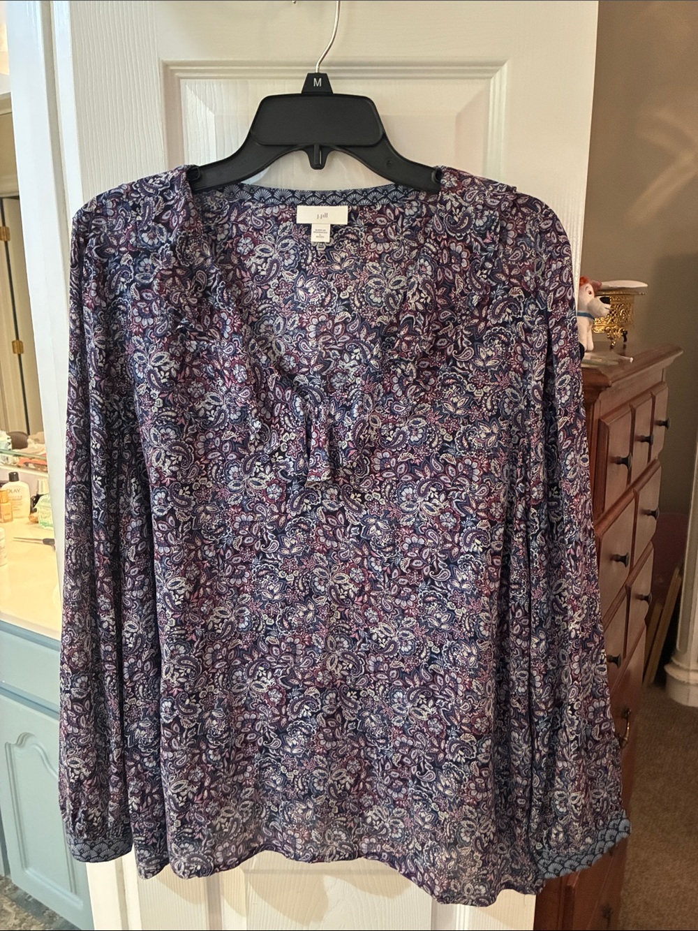 J. Jill Purple Paisley Ruffle V Neck Blouse SZ LP